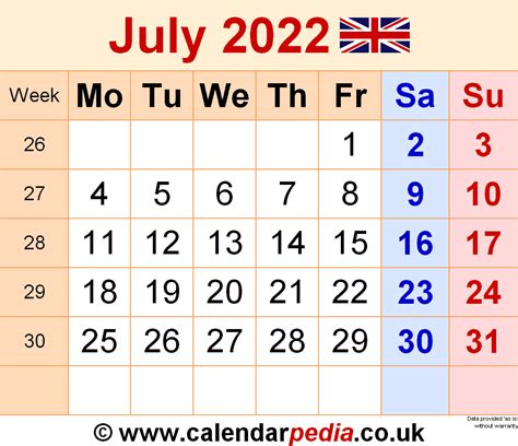 july 2022 uk calendar.